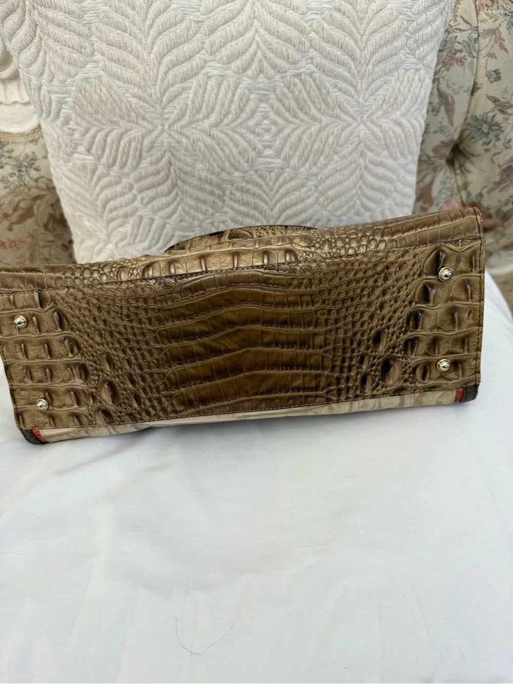 Croc-Embossed Tote in Beige and Brown with Red Trim